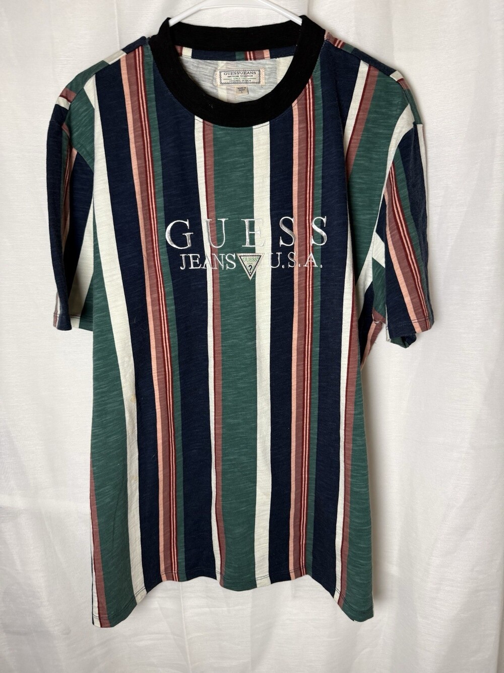 GUESS JEANS Men's Striped Multicolor Cotton Knit Logo Crew Neck T-Shirt Size L